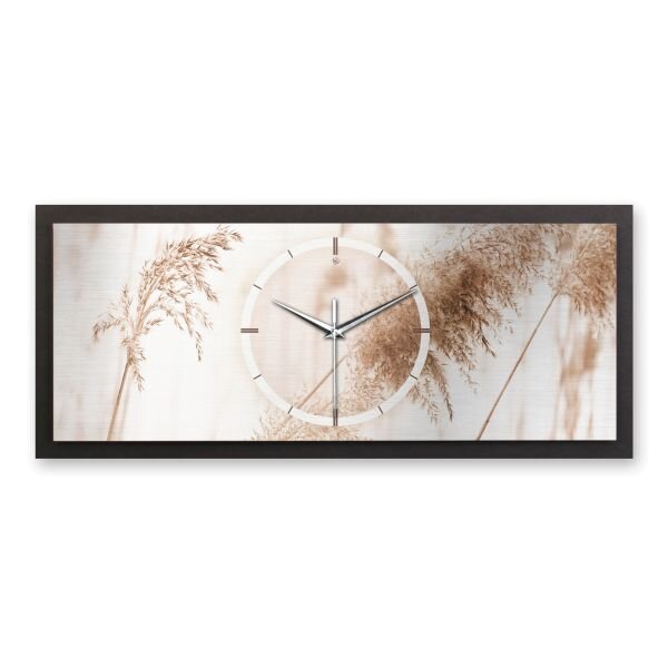 3D Wanduhr "Gr&auml;ser" aus geb&uuml;rstetem Aluminium & MDF quer mit leisem Funk- oder Quarzuhrwerk
