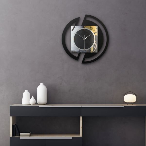Runde 3D Designer-Wanduhr &bdquo;Gold & Black Ink&ldquo; in modernem Metallic-Look schwarz-gold-silber
