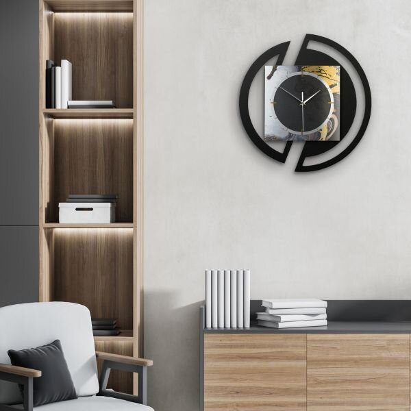 Runde 3D Designer-Wanduhr &bdquo;Gold & Black Ink&ldquo; in modernem Metallic-Look schwarz-gold-silber