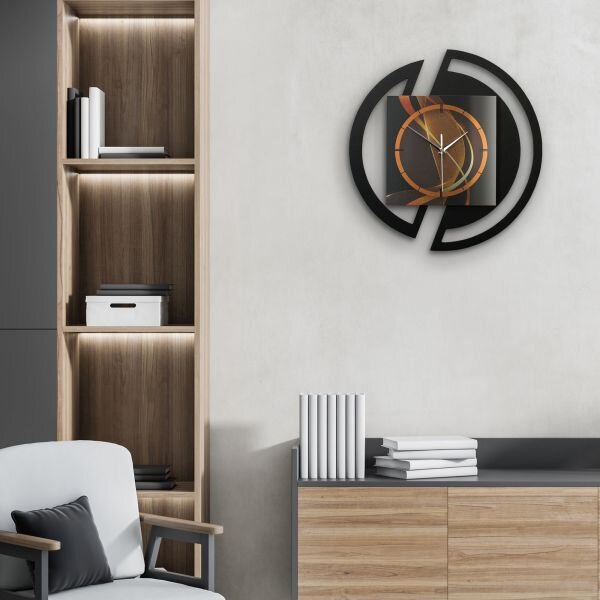 Runde 3D Designer-Wanduhr &bdquo;Dynamic&ldquo; in modernem Metallic-Look schwarz-orange