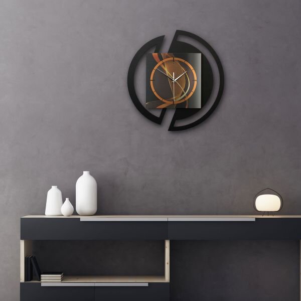 Runde 3D Designer-Wanduhr &bdquo;Dynamic&ldquo; in modernem Metallic-Look schwarz-orange