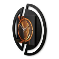 Runde 3D Designer-Wanduhr &bdquo;Dynamic&ldquo; in modernem Metallic-Look schwarz-orange