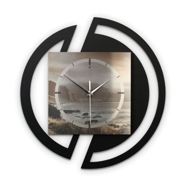 Runde 3D Designer-Wanduhr &bdquo;K&uuml;ste&ldquo; in modernem Metallic-Look schwarz-beige