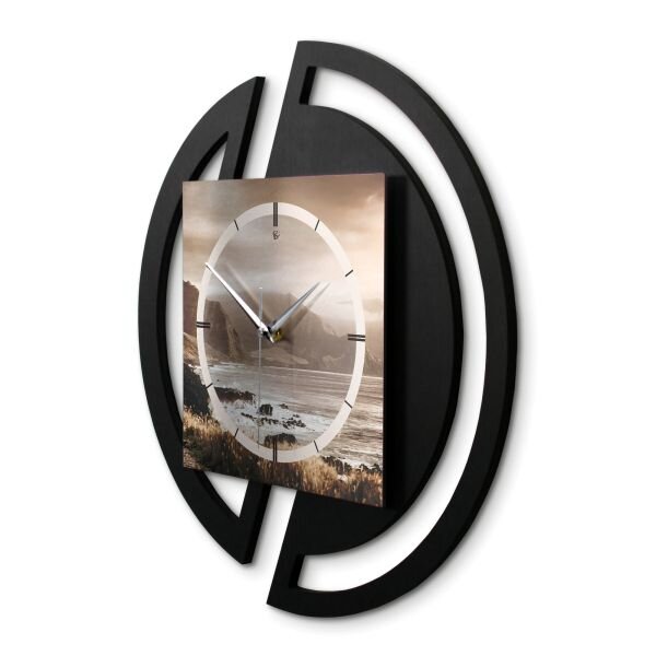Runde 3D Designer-Wanduhr &bdquo;K&uuml;ste&ldquo; in modernem Metallic-Look schwarz-beige