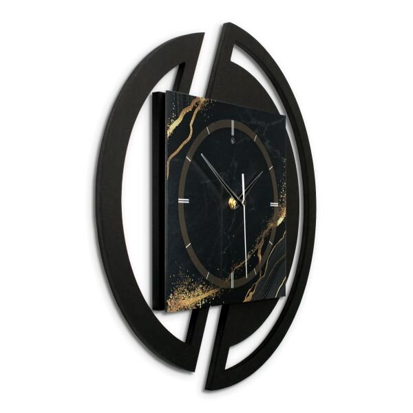 Runde 3D Designer-Wanduhr „Black & Gold Waves“ in modernem Metallic-Look schwarz-gold