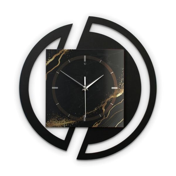 Runde 3D Designer-Wanduhr „Black & Gold Waves“ in modernem Metallic-Look schwarz-gold