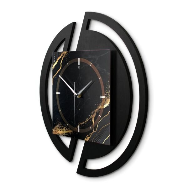 Runde 3D Designer-Wanduhr „Black & Gold Waves“ in modernem Metallic-Look schwarz-gold