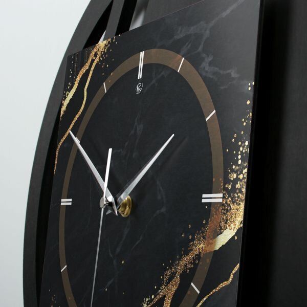 Runde 3D Designer-Wanduhr „Black & Gold Waves“ in modernem Metallic-Look schwarz-gold