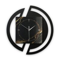 Runde 3D Designer-Wanduhr „Black & Gold Waves“ in modernem Metallic-Look schwarz-gold
