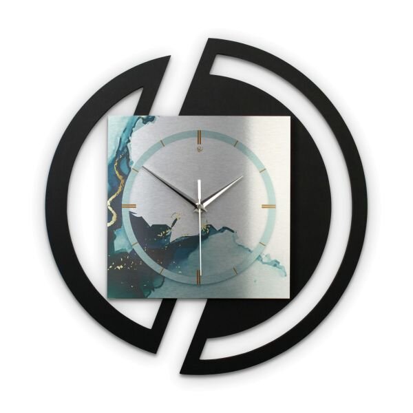 Runde 3D Designer-Wanduhr &bdquo;Turquoise&ldquo; in modernem Metallic-Look schwarz-silber-t&uuml;rkis