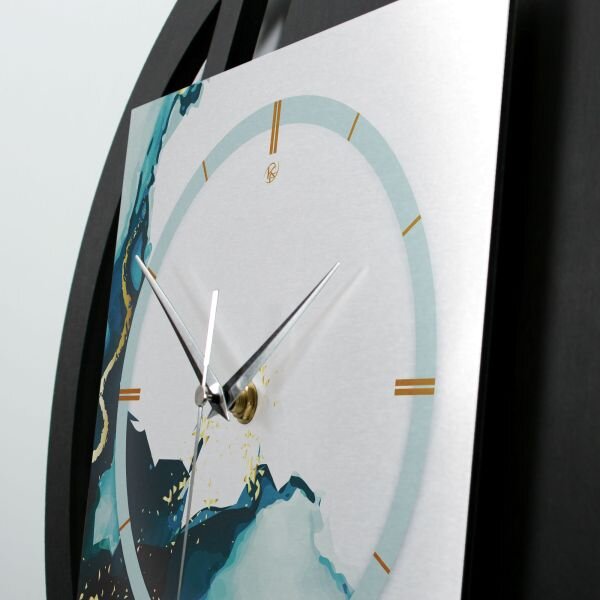 Runde 3D Designer-Wanduhr &bdquo;Turquoise&ldquo; in modernem Metallic-Look schwarz-silber-t&uuml;rkis