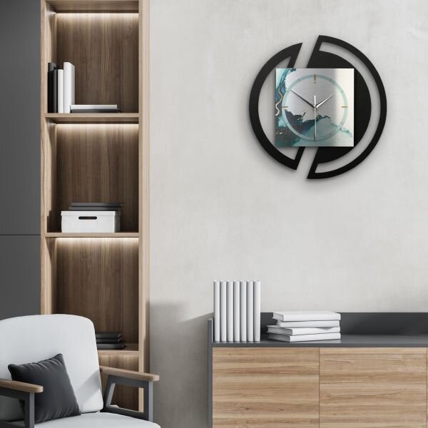 Runde 3D Designer-Wanduhr &bdquo;Turquoise&ldquo; in modernem Metallic-Look schwarz-silber-t&uuml;rkis