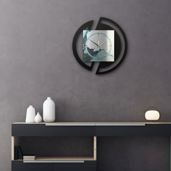 Runde 3D Designer-Wanduhr &bdquo;Turquoise&ldquo; in modernem Metallic-Look schwarz-silber-t&uuml;rkis