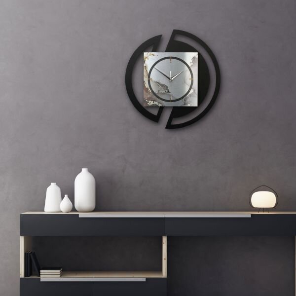 Runde 3D Designer-Wanduhr &bdquo;Abstract Water&ldquo; in modernem Metallic-Look schwarz-silber-grau