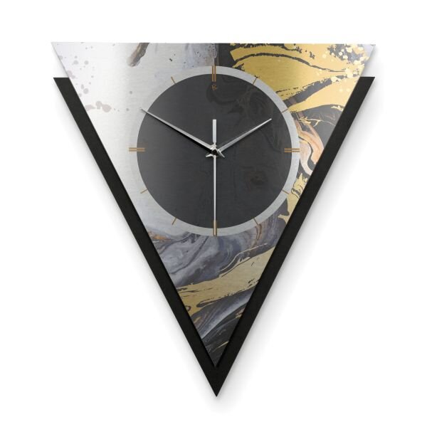 Dreieckige 3D Designer-Wanduhr „Gold & Black Ink“ in modernem Metallic-Look schwarz-gold-silber