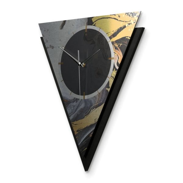 Dreieckige 3D Designer-Wanduhr „Gold & Black Ink“ in modernem Metallic-Look schwarz-gold-silber