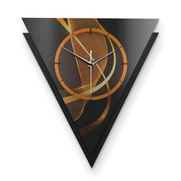 Dreieckige 3D Designer-Wanduhr &bdquo;Dynamic&ldquo; in modernem Metallic-Look schwarz-orange