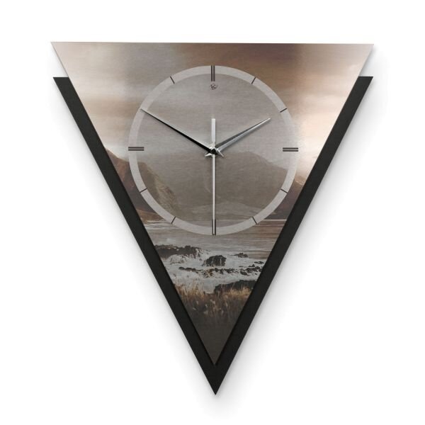 Dreieckige 3D Designer-Wanduhr „Küste“ in modernem Metallic-Look schwarz-beige