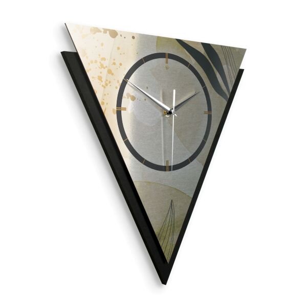 Dreieckige 3D Designer-Wanduhr „Elegant Leaves“ in modernem Metallic-Look schwarz-gold