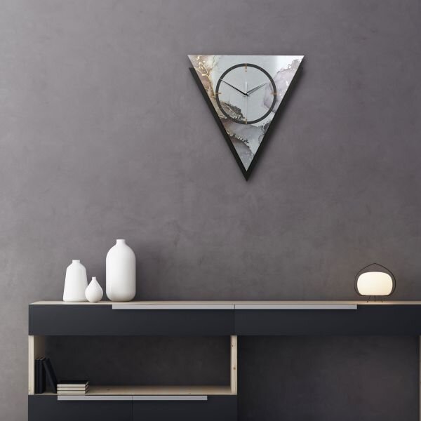 Dreieckige 3D Designer-Wanduhr „Abstract Water“ in modernem Metallic-Look schwarz-silber-grau