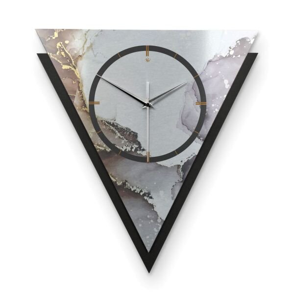 Dreieckige 3D Designer-Wanduhr „Abstract Water“ in modernem Metallic-Look schwarz-silber-grau