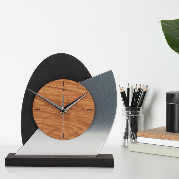 Silver Dome Designer-Standuhr aus MDF &ndash; Eiche/Metallic-Look & leises Uhrwerk