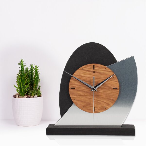 Silver Dome Designer-Standuhr aus MDF &ndash; Eiche/Metallic-Look & leises Uhrwerk