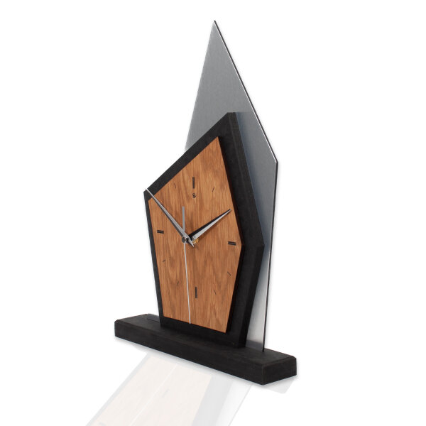 Mountain Range Designer-Standuhr aus MDF – Eiche/Metallic-Look & leises Uhrwerk