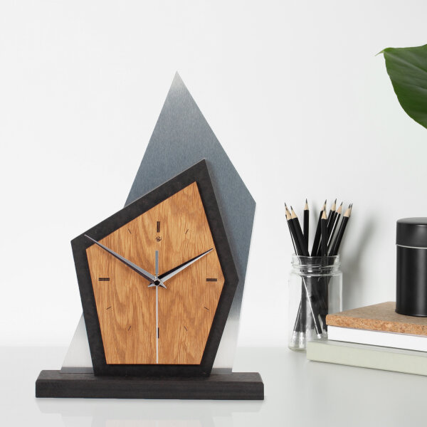 Mountain Range Designer-Standuhr aus MDF – Eiche/Metallic-Look & leises Uhrwerk