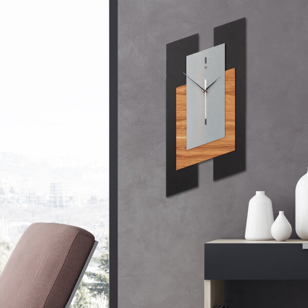 Designer Wanduhr "Tricolor Squares" aus Holz in modernem Metallic-Look mit leisem Uhrwerk