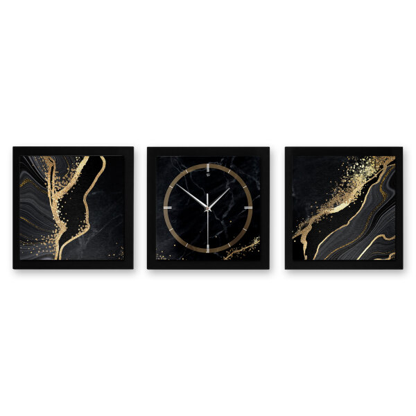 3-teilige Designer-Wanduhr „Gold & Black...
