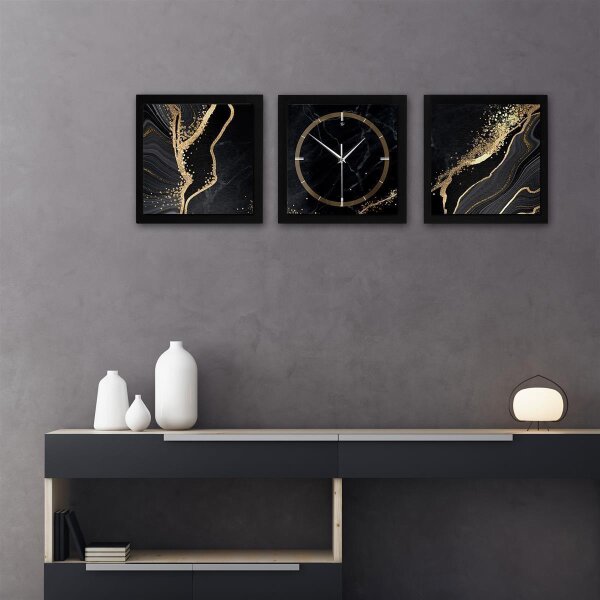 3-teilige Designer-Wanduhr „Gold & Black Marble“ in modernem Metallic-Look | B-Ware