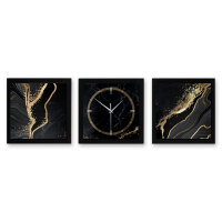 3-teilige Designer-Wanduhr „Gold & Black Marble“ in modernem Metallic-Look | B-Ware
