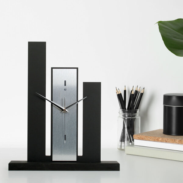 Designer-Standuhr &bdquo;Stairs&ldquo; aus Holz &ndash; schwarze Tischuhr in modernem Metallic-Look ohne Ticken