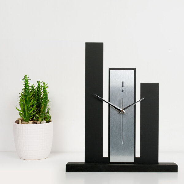 Designer-Standuhr &bdquo;Stairs&ldquo; aus Holz &ndash; schwarze Tischuhr in modernem Metallic-Look ohne Ticken