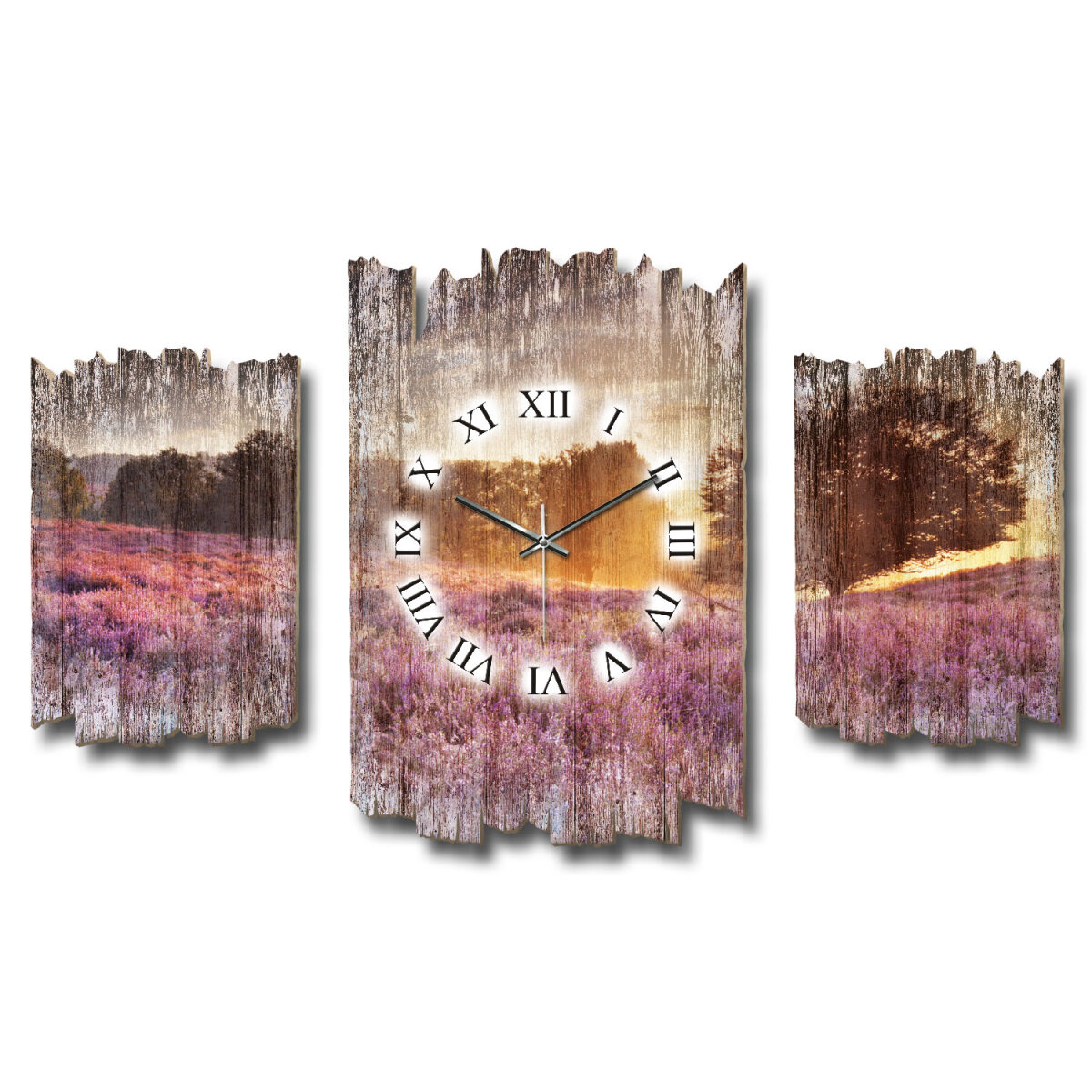 Lavendelfeld Holland Shabby chic Dreiteilige Wanduhr aus MDF mit leisem Funk- oder Quarzuhrwerk