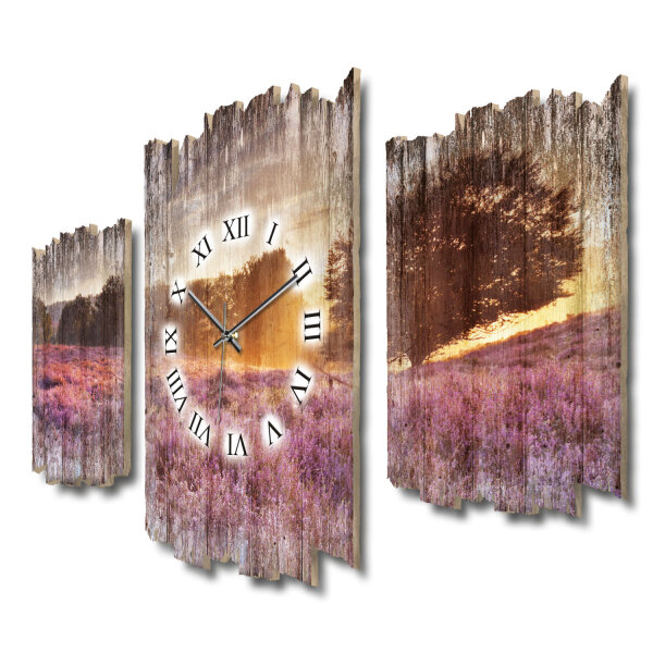 Lavendelfeld Holland Shabby chic Dreiteilige Wanduhr aus...