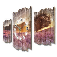 Lavendelfeld Holland Shabby chic Dreiteilige Wanduhr aus MDF mit leisem Funk- oder Quarzuhrwerk