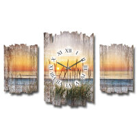 Abendspaziergang am Strand Shabby chic Dreiteilige Wanduhr aus MDF mit leisem Funk- o. Quarzuhrwerk