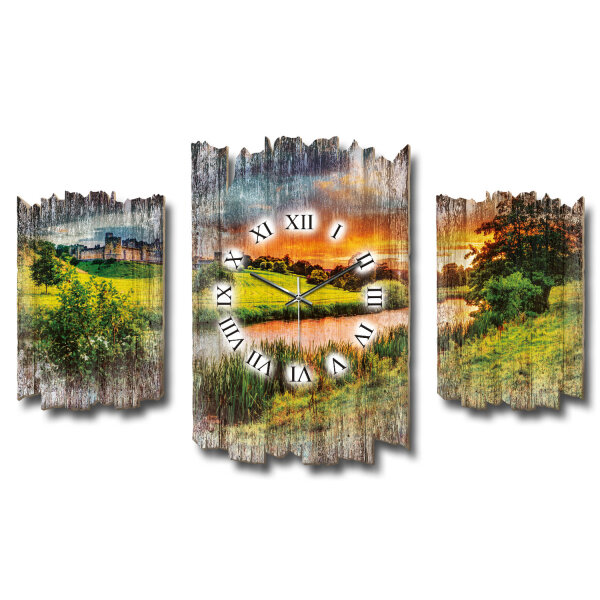 Abends am Fluss Shabby chic Dreiteilige Wanduhr aus MDF...