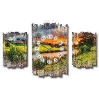 Abends am Fluss Shabby chic Dreiteilige Wanduhr aus MDF mit leisem Funk- oder Quarzuhrwerk