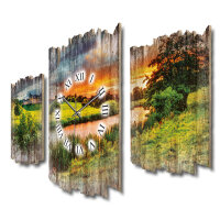 Abends am Fluss Shabby chic Dreiteilige Wanduhr aus MDF mit leisem Funk- oder Quarzuhrwerk