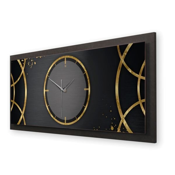 3D Wanduhr "Golden Ring" aus geb&uuml;rstetem Aluminium & MDF quer mit leisem Funk- oder Quarzuhrwerk