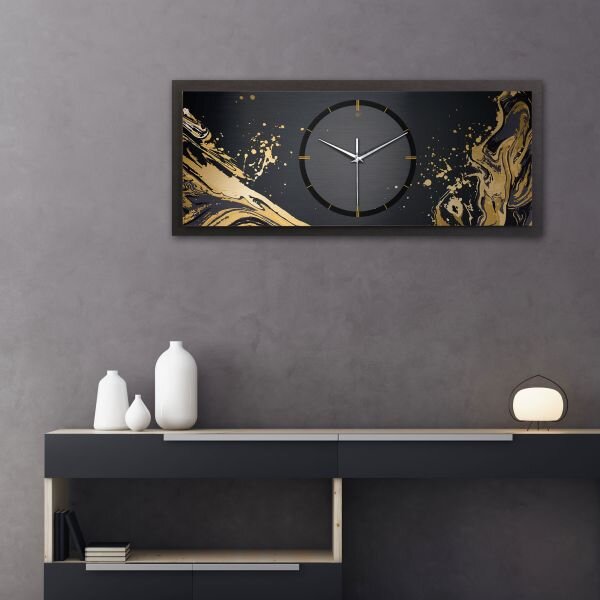 3D Wanduhr "Golden Liquid" aus geb&uuml;rstetem Aluminium & MDF quer mit leisem Funk- oder Quarzuhrwerk