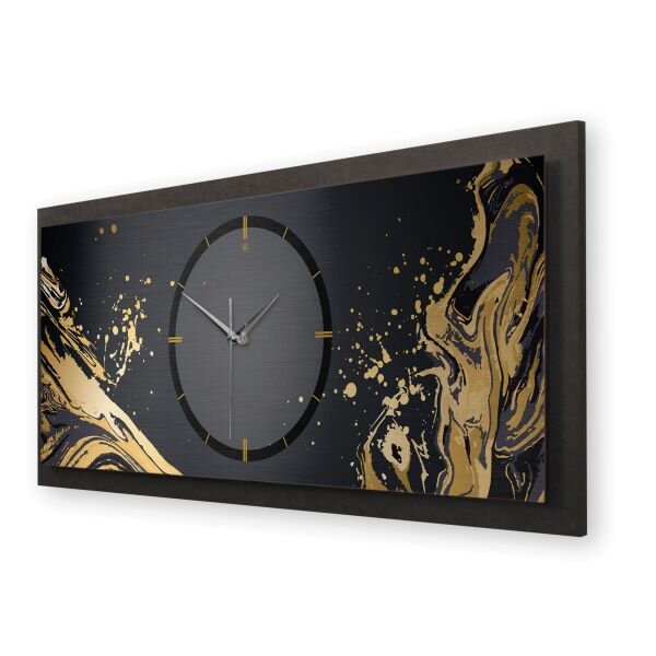 3D Wanduhr "Golden Liquid" aus geb&uuml;rstetem Aluminium & MDF quer mit leisem Funk- oder Quarzuhrwerk