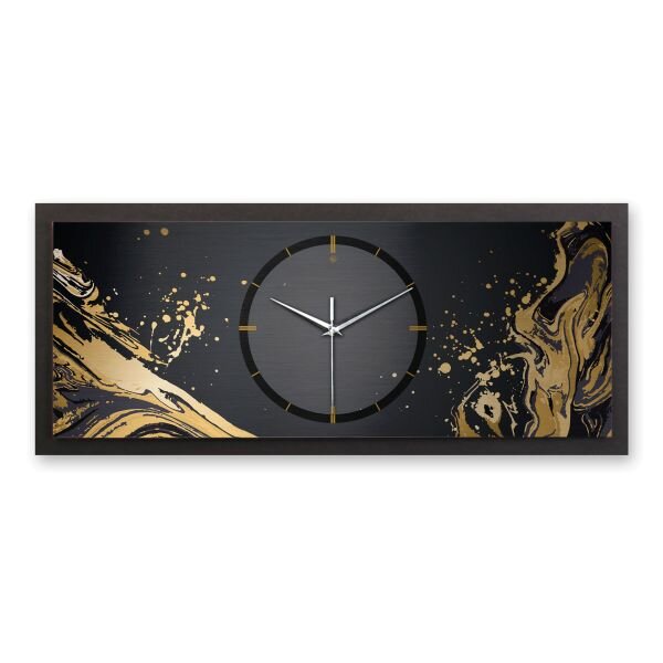 3D Wanduhr "Golden Liquid" aus geb&uuml;rstetem Aluminium & MDF quer mit leisem Funk- oder Quarzuhrwerk