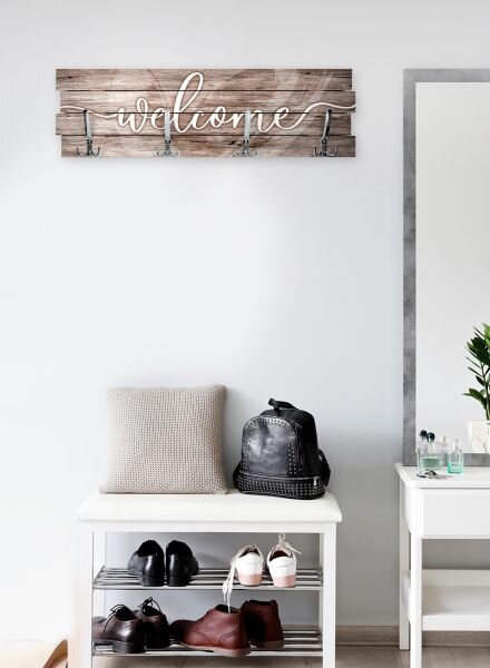 Wandgarderobe Welcome aus Holz Shabby-Chic-Design farbig bedruckt ca. 30x100cm 4 Doppel-Haken