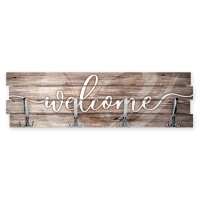Wandgarderobe Welcome aus Holz Shabby-Chic-Design farbig bedruckt ca. 30x100cm 4 Doppel-Haken
