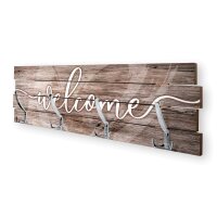Wandgarderobe Welcome aus Holz Shabby-Chic-Design farbig bedruckt ca. 30x100cm 4 Doppel-Haken
