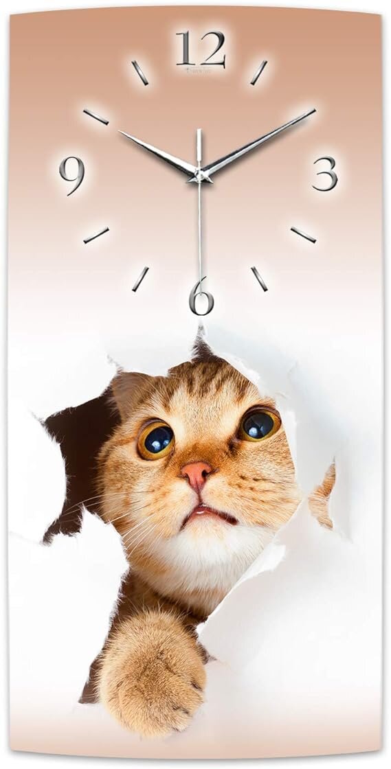 Katze Designer-Wanduhr mit leisem Uhrwerk aus Alu